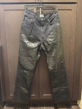 Women’s Agolde Black Waxed Leather-Panel Straight Jeans